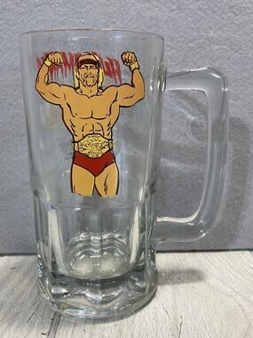 WWF WWE Hulk Hogan HULKAMANIA 1985 Vntg Large Glass Beer Mug 32oz Titan Sports